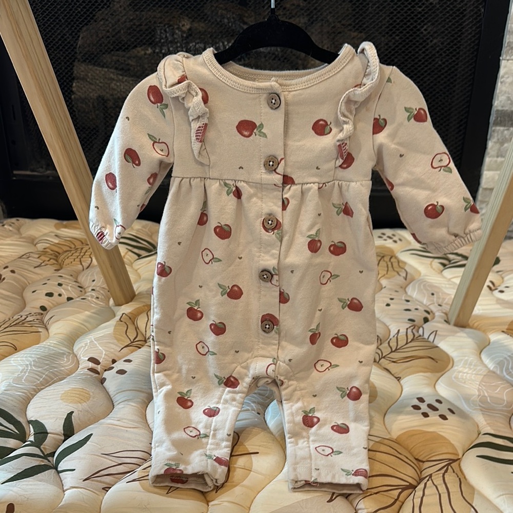 Cream and Red Apple Print Long Sleeve Jumpsuit